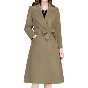 imagechouyatou Women Fall Winter Double Face Wool Blend Overcoat Notched Collar Wrap Midi Trench Coat with BeltOlive Green