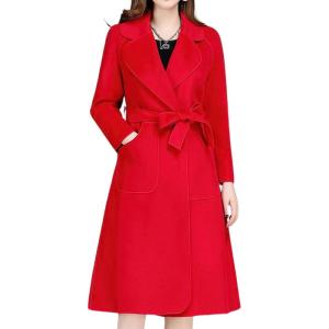 imagechouyatou Women Fall Winter Double Face Wool Blend Overcoat Notched Collar Wrap Midi Trench Coat with BeltRed