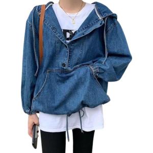 imagechouyatou Women Hooded 12 Button Down Pullover Denim Jacket Hoodie Boyfriend Casual Jean Sweatshirt TopDark Blue