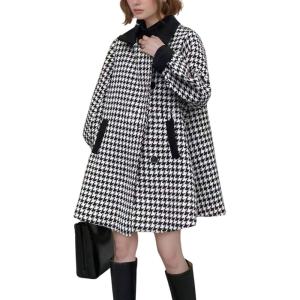 imagechouyatou Women Winter ALine Houndstooth Wool Coat Loose Cute Singe Breasted Midi Long Pea Coat OvercoatBlack