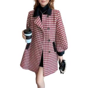imagechouyatou Women Winter ALine Houndstooth Wool Coat Loose Cute Singe Breasted Midi Long Pea Coat OvercoatRed