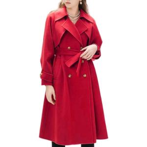 imagechouyatou Womens Casual Double Breasted Wool Coat Office Formal Midi Long Winter Pea Coat with BeltRed