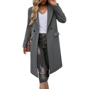 imagechouyatou Womens Casual Notched Lapel Wool Coat Double Breasted Wool Blend Duster Long Trench Pea CoatDark Gray
