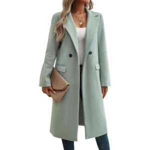 imagechouyatou Womens Casual Notched Lapel Wool Coat Double Breasted Wool Blend Duster Long Trench Pea CoatGreen