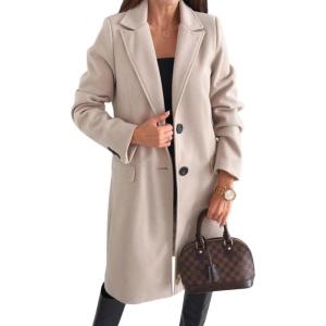 imagechouyatou Womens Casual Single Breasted Midi Long Wool Coat Herringbone Dressy Winter Trench CoatLight Khaki