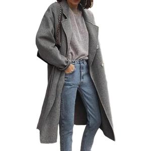 imagechouyatou Womens Classic Double Breasted Long Wool Pea Coat Fashion Winter Trench CoatGrey