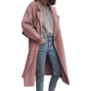 imagechouyatou Womens Classic Double Breasted Long Wool Pea Coat Fashion Winter Trench CoatPink