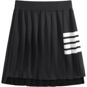 imagechouyatou Womens Color Block Striped Pleated Knit Skirt High Elastic Waist Irregular Hem Knitted SkirtBlack