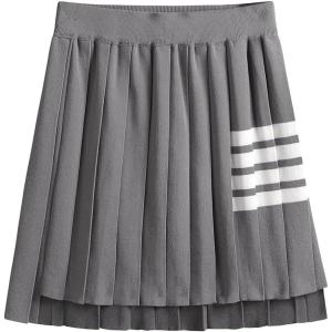 imagechouyatou Womens Color Block Striped Pleated Knit Skirt High Elastic Waist Irregular Hem Knitted SkirtGray