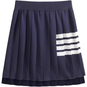 imagechouyatou Womens Color Block Striped Pleated Knit Skirt High Elastic Waist Irregular Hem Knitted SkirtNavy