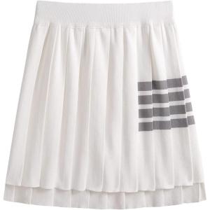 imagechouyatou Womens Color Block Striped Pleated Knit Skirt High Elastic Waist Irregular Hem Knitted SkirtWhite