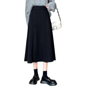 imagechouyatou Womens Elegant ALine Wool Skirt Pleated Swing High Waist Midi Long Wool Skater SkirtBlack