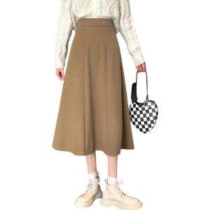 imagechouyatou Womens Elegant ALine Wool Skirt Pleated Swing High Waist Midi Long Wool Skater SkirtKhaki