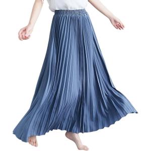 imagechouyatou Womens Elegant Elastic Waist ALine Swing Flowy Accordion Pleated Midi Long SkirtBlue Gray