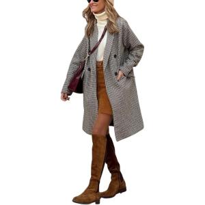 imagechouyatou Womens Elegant Plaid Long Wool Coat Double Breasted Lapel Wool Blend Trench Pea Coat with PocketsGray
