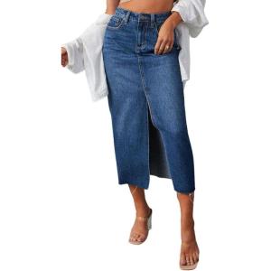 imagechouyatou Womens High Waisted Front Split Denim Skirt Business Casual ALine Jean Pencil SkirtDark Blue