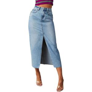 imagechouyatou Womens High Waisted Front Split Denim Skirt Business Casual ALine Jean Pencil SkirtLight Blue