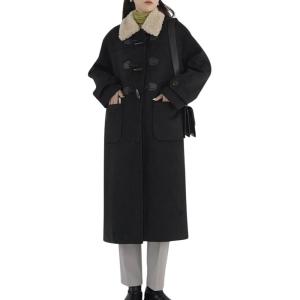 imagechouyatou Womens Preppy Wool Blend Overcoat Jacket Lapel Horn Button Notched Collar Trench CoatBlack
