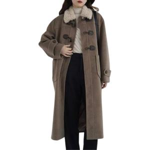 imagechouyatou Womens Preppy Wool Blend Overcoat Jacket Lapel Horn Button Notched Collar Trench CoatBrown