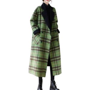 imagechouyatou Womens Reversible Plaid Wool Blend Overcoat Fleece Notched Collar Double Breasted Pea CoatGreen