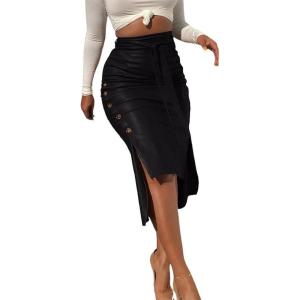 imagechouyatou Womens Sexy Belted Button Split Pu Faux Leather Bodycon Package Hip SkirtBlack