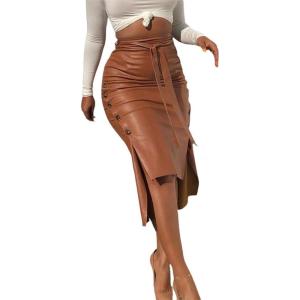 imagechouyatou Womens Sexy Belted Button Split Pu Faux Leather Bodycon Package Hip SkirtBrown