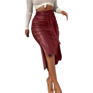 imagechouyatou Womens Sexy Belted Button Split Pu Faux Leather Bodycon Package Hip SkirtWine Red