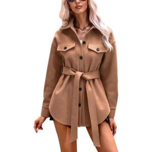 imagechouyatou Womens Single Breasted Belted Wool Coat Midi Long Trench Pea Coat Shacket JacketKhaki