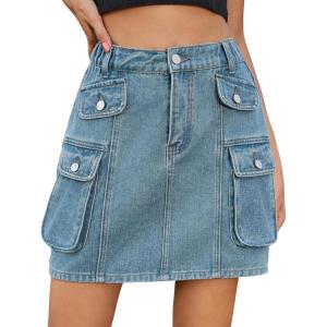imagechouyatou Womens Summer Y2K Denim Cargo Skirt High Waisted ALine Mini Jean Skirt with PocketsBlue