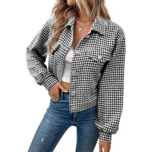 imagechouyatou Womens Vintage Houndstooth Plaid Button Down Tweed Cropped Shacket Jacket Wool CoatBlack
