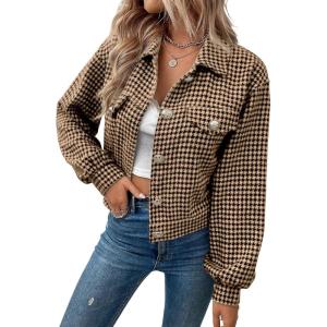 imagechouyatou Womens Vintage Houndstooth Plaid Button Down Tweed Cropped Shacket Jacket Wool CoatBrown