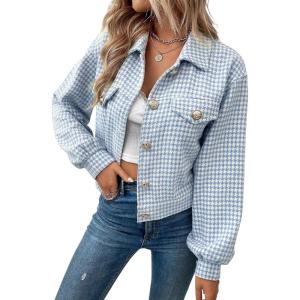 imagechouyatou Womens Vintage Houndstooth Plaid Button Down Tweed Cropped Shacket Jacket Wool CoatLight Blue