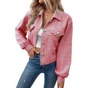imagechouyatou Womens Vintage Houndstooth Plaid Button Down Tweed Cropped Shacket Jacket Wool CoatRed