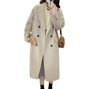 imagechouyatou Womens Winter Business Casual Wool Coat Double Breasted Mid Long Trench Coat OvercoatBeige