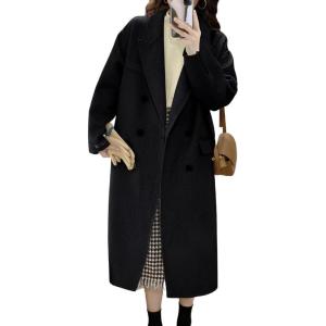 imagechouyatou Womens Winter Business Casual Wool Coat Double Breasted Mid Long Trench Coat OvercoatBlack