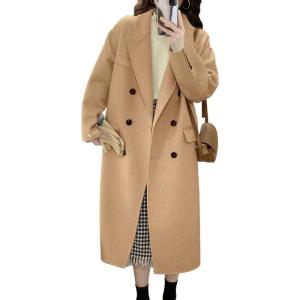 imagechouyatou Womens Winter Business Casual Wool Coat Double Breasted Mid Long Trench Coat OvercoatCamel