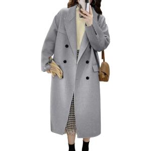 imagechouyatou Womens Winter Business Casual Wool Coat Double Breasted Mid Long Trench Coat OvercoatGrey