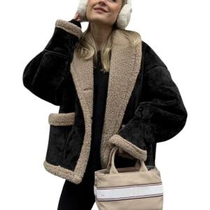 imagechouyatou Womens Winter Casual Faux Suede Leather Jacket Button Down Fuzzy Sherpa Lined Jacket CoatBlack