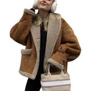 imagechouyatou Womens Winter Casual Faux Suede Leather Jacket Button Down Fuzzy Sherpa Lined Jacket CoatBrown