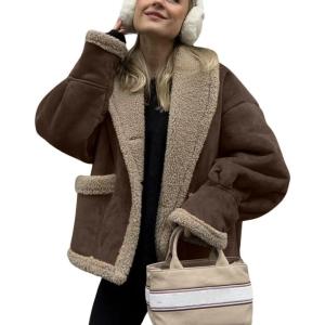 imagechouyatou Womens Winter Casual Faux Suede Leather Jacket Button Down Fuzzy Sherpa Lined Jacket CoatCoffee