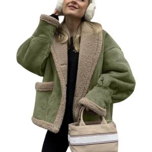 imagechouyatou Womens Winter Casual Faux Suede Leather Jacket Button Down Fuzzy Sherpa Lined Jacket CoatGreen