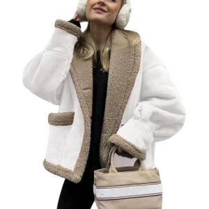 imagechouyatou Womens Winter Casual Faux Suede Leather Jacket Button Down Fuzzy Sherpa Lined Jacket CoatWhite