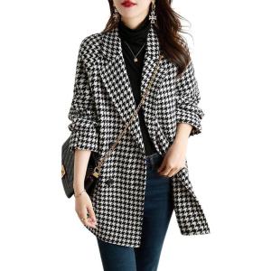 imagechouyatou Womens Winter Double Breasted Houndstooth Plaid Wool Pea Coat Notch Lapel Dressy Wool Trench CoatBlack