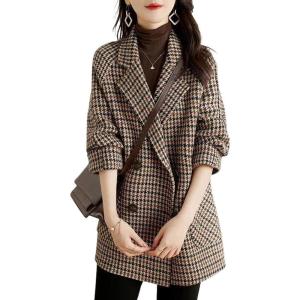 imagechouyatou Womens Winter Double Breasted Houndstooth Plaid Wool Pea Coat Notch Lapel Dressy Wool Trench CoatBrown