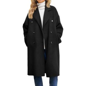 imagechouyatou Womens Winter Double Breasted Wool Coat Business Casual Notch Lapel Midi Long Winter Trench CoatBlack