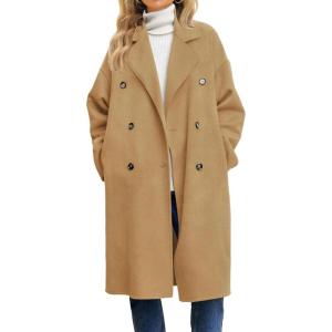 imagechouyatou Womens Winter Double Breasted Wool Coat Business Casual Notch Lapel Midi Long Winter Trench CoatKhaki