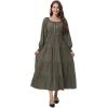 imageWomens 2024 Fall Casual Long Sleeve Square Neck Elastic High Waist Flowy Tiered Aline Maxi DressArmy Green