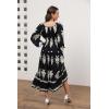 imageWomens 2024 Fall Casual Long Sleeve Square Neck Elastic High Waist Flowy Tiered Aline Maxi DressNavy Blue Print