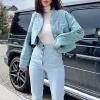 imagechouyatou Women Winter Warm Puffer Padded Jacket Quilted Down Button Down Collarless Cropped Short CoatsBlue
