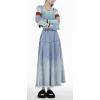 imagechouyatou Womens Distressed Elastic Waist Frayed Maxi Denim Skirt A Line Flared Pleated Long Jean SkirtBlue